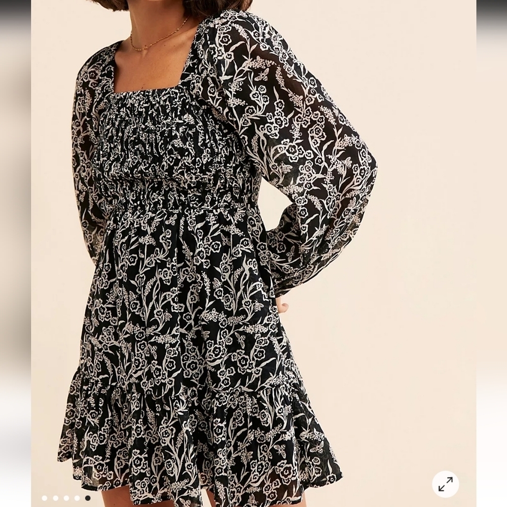 Banjanan Heron Long Sleeve Floral Print Square Neck Cotton Mini Dress S Pockets